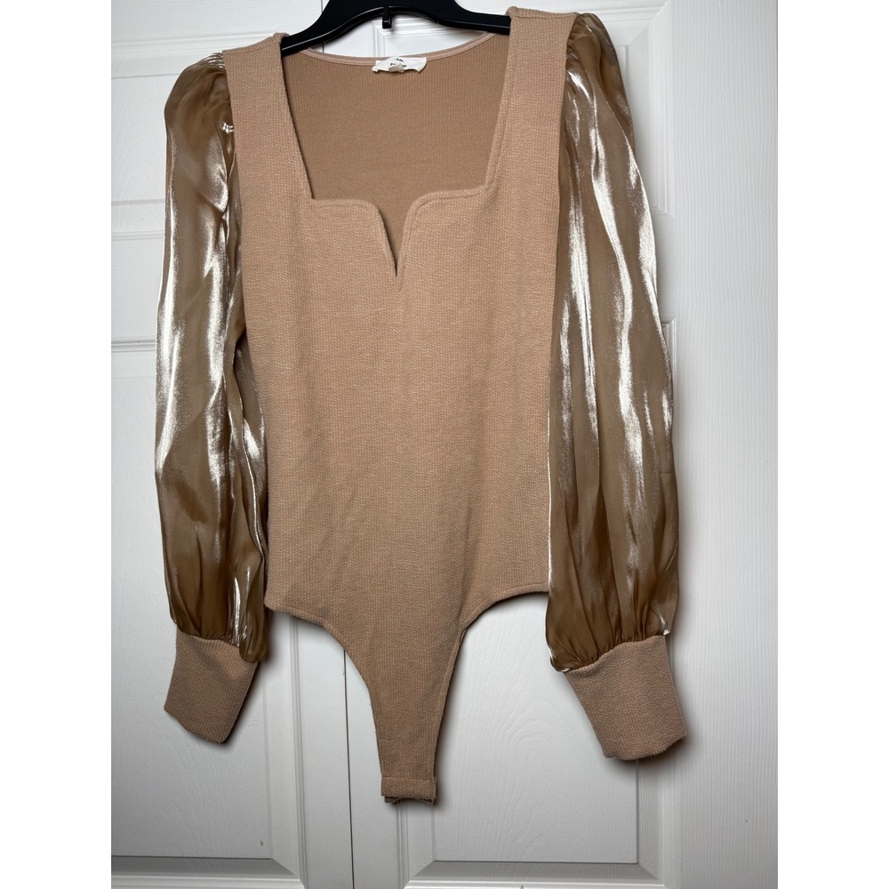 Entro Tan Ribbed Bodysuit Metallic Sheer Puff Sleeve Square Neck Notch Large